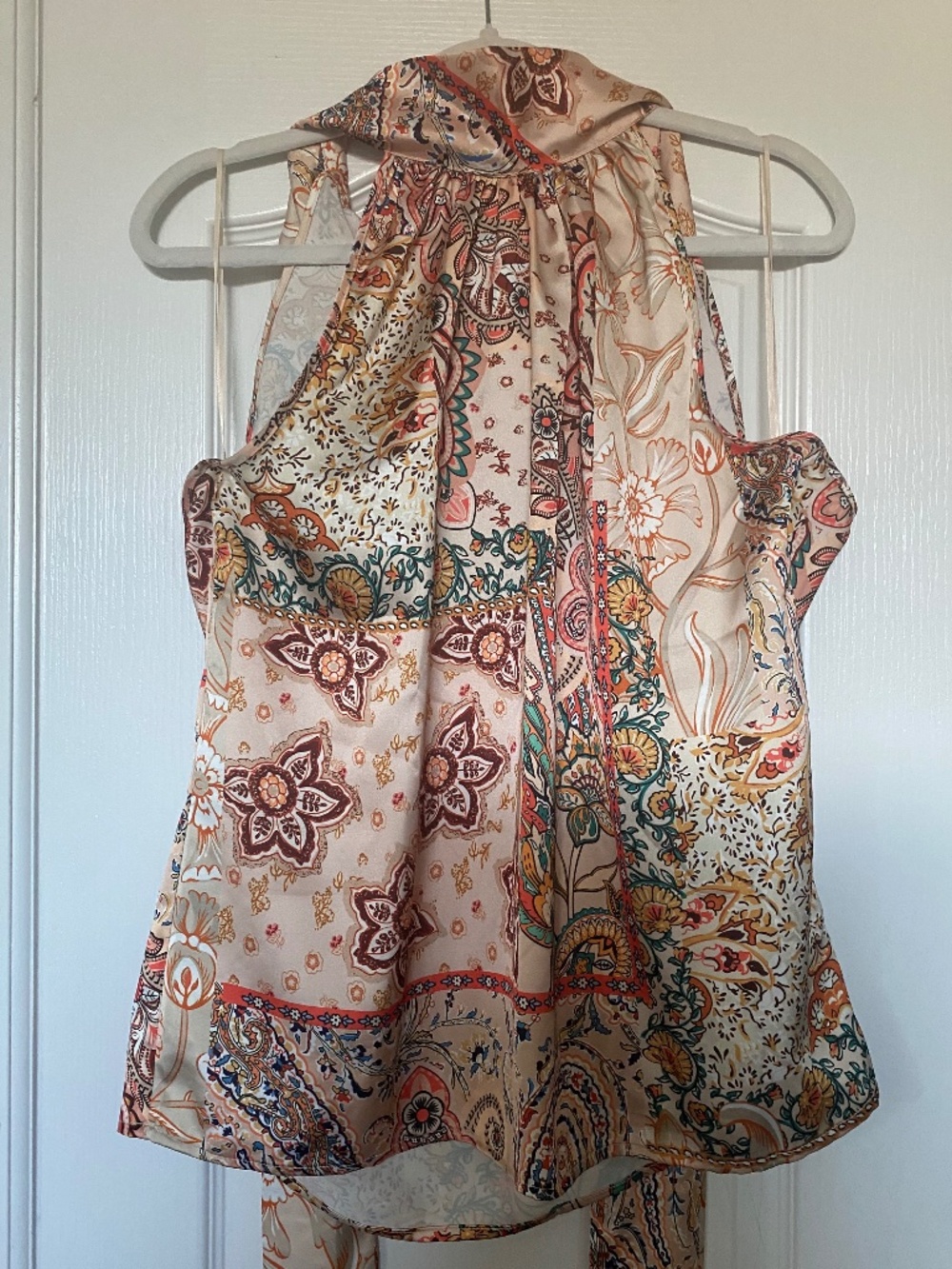 RACHEL ZOE MULTI PRINT SATIN HALTER TOP WITH BOW - SZ XL